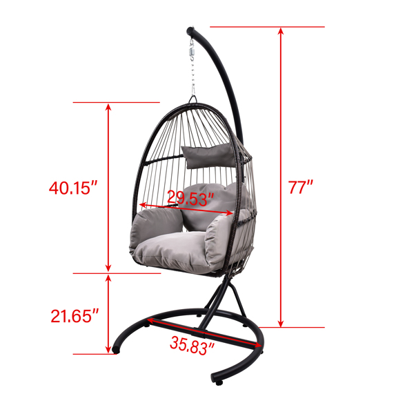 Outdoor Patio Wicker Hanging Chair Swing ,  PVC Rattan Hammock Egg Chairs  with C Type Bracket ,  With Cushion and Pillow for Patio,Bedroom Balcony,Indoor,Outdoor，Gray