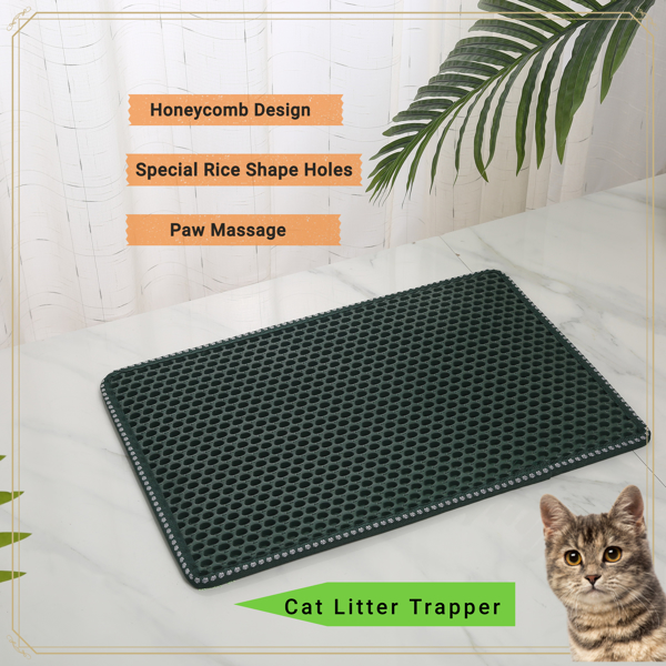 Cat Litter Mat, Kitty Litter Trapping Mat, Double Layer Mats with MiLi Shape Scratching design, Urine Waterproof, Easy Clean, Scatter Control  21" x 14"  Green