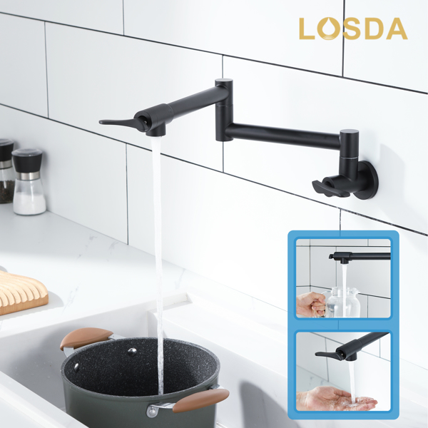 Pot Filler Faucet Wall-Mount for Kitchen Integrated Embedded NPT Thread Design Lead-Free Stainless Steel Faucet with 360° 2-Handle Folding Arms Rotatable Joints Commercial Kitchen Faucet Matte Black