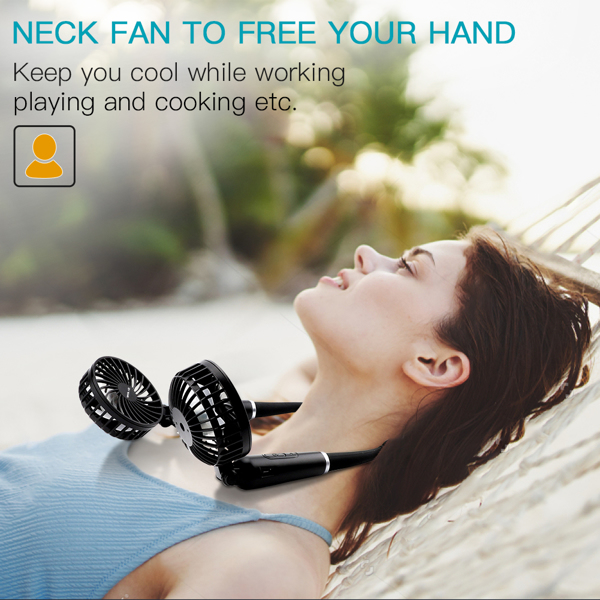 (ABC)Hand-Free Neck Personal Fan for Sports Home Office, Fast Face Air Circulation for Breathless Sufferers, USB Battery Operated Neckband Fan, 2 Speeds, Comfortable Flexible Gooseneck - Black