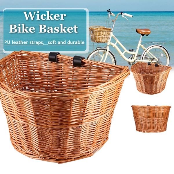 Wicker D-Shaped Bicycle Basket Portable Bike Front Container Mountain Bike Handlebar Storage Box Wicker Front Pan Bag for Mountain Bike Folding Bike