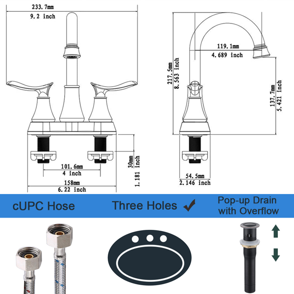 2-Handle 4-Inch Oil Rubbed Bronze Bathroom Faucet, Bathroom Vanity Sink Faucets with Pop-up Drain and Supply Hoses [Unable to ship on weekends, please place orders with caution]