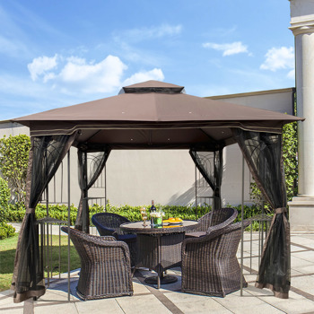 10x10 Outdoor Patio Gazebo Canopy Tent With Ventilated Double Roof And Mosquito net(Detachable Mesh Screen On All Sides),Suitable for Lawn, Garden, Backyard and Deck,Brown Top [Sale to Temu is Banned.