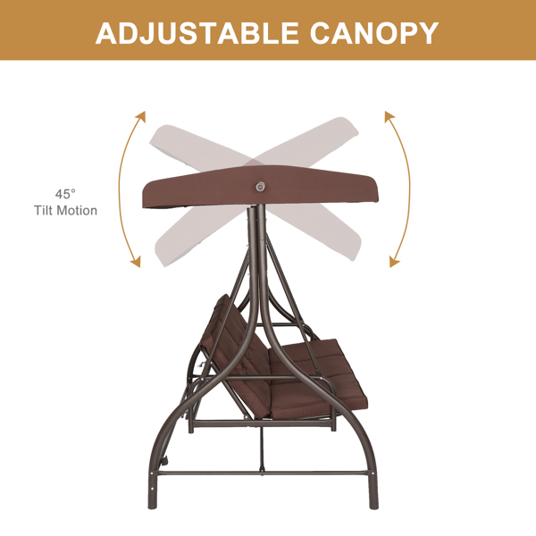 194*120*173cm Load Bearing 250kg With Canopy 3pcs Upholstered Courtyard Iron Swing Brown 