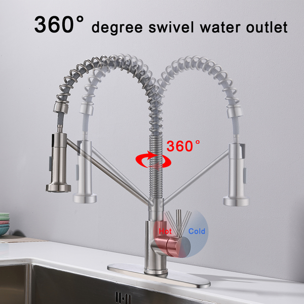 Brushed Nickel Kitchen Faucet with Pull-Down Sprayer, Commercial Lead-Free 304 Stainless Steel Single Handle Kitchen Faucets for 1 Or 3 Holes Sinks, RV Faucet Brushed Nickel