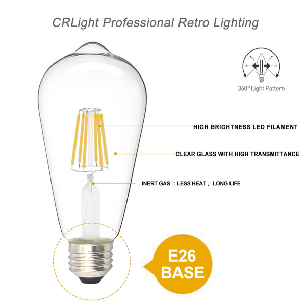 Edison Bulb LED Light Vintage Style Lighting Filament Lamp E26 Warm white 6Pack