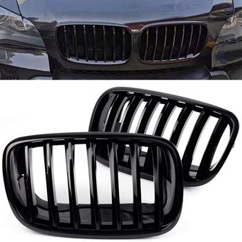 LEAVAN Pair Front Gloss Black Kidney Grill Grilles For BMW X5 E70 X6 E71 2007-2014