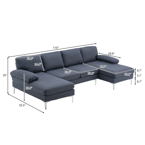 FCH 285*137*85cm U-Shaped Fabric With Two Imperial Concubine Iron Feet 4 Seats Indoor Modular Sofa Dark Gray