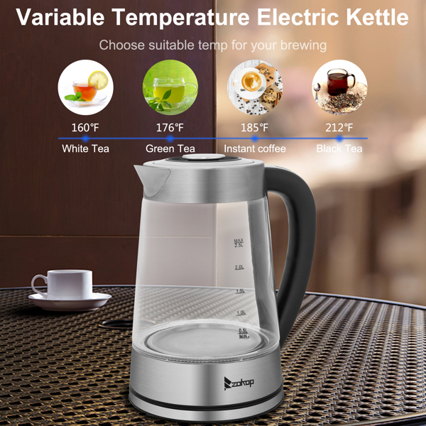 ZOKOP HD-251 2.2L 220V 2000W Electric Kettle Stainless Steel Glass Blue Light With Electronic Handle