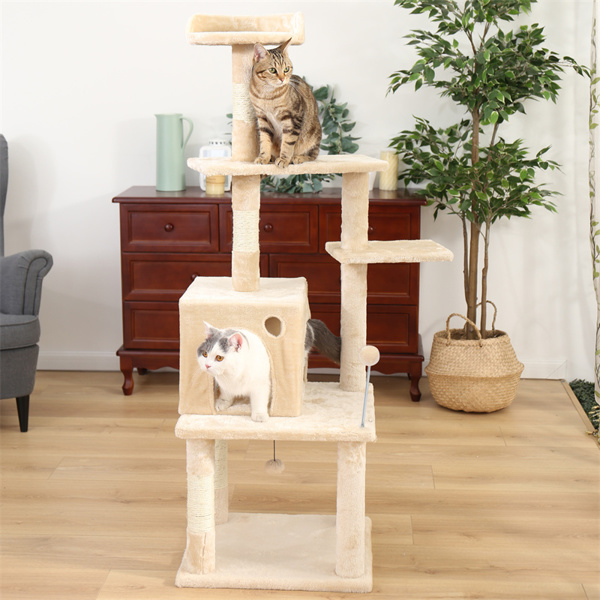 Multi-functional Cat Tree Modern Cat Tower with Sisal Scratching Posts, Roomy Condo, Cozy Top Perch and Dangling Balls Beige