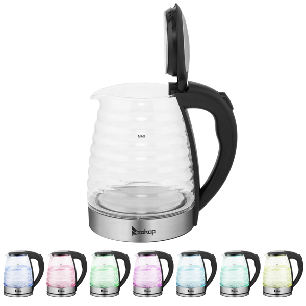 ZOKOP British Standard HD-1858L 1.8L 220V 2000W  Electric Kettle Stainless Steel High Quality Borosilicate Glass Seven Colors Of Lights