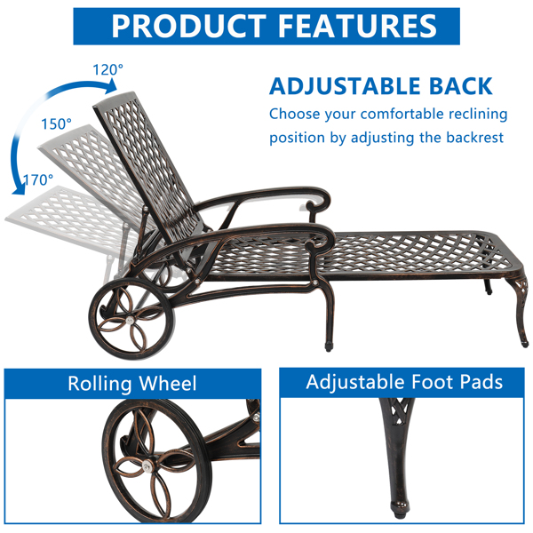193*64.5*93cm Backrest Adjustable Courtyard Cast Aluminum Lying Bed Bronze