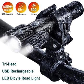 Handlebar Tri-Head Light Black Durable USB Rechargeable Bike Headlight Set