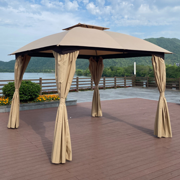 10 x 10 Ft Outdoor Patio Garden Gazebo Canopy With Curtains,Khaki Top