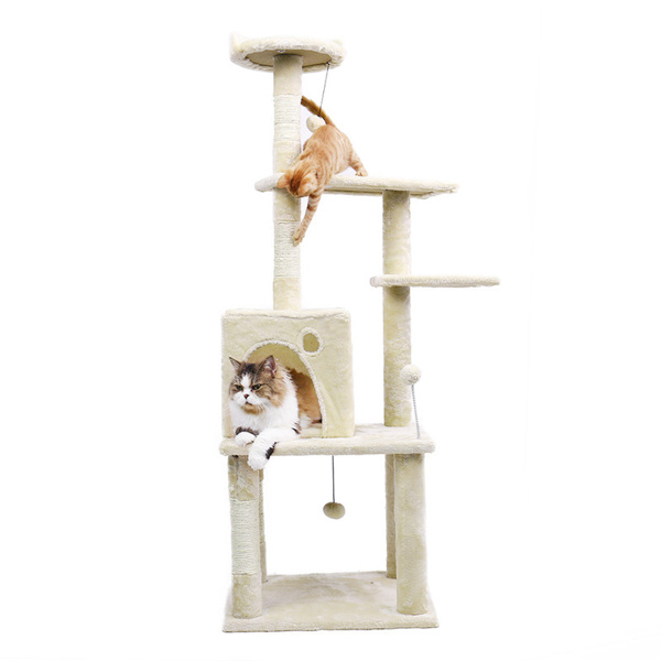 Multi-functional Cat Tree Modern Cat Tower with Sisal Scratching Posts, Roomy Condo, Cozy Top Perch and Dangling Balls Beige
