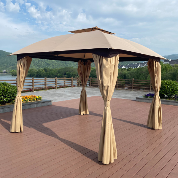 10 x 10 Ft Outdoor Patio Garden Gazebo Canopy With Curtains,Khaki Top [Weekend can not be shipped, order with caution]