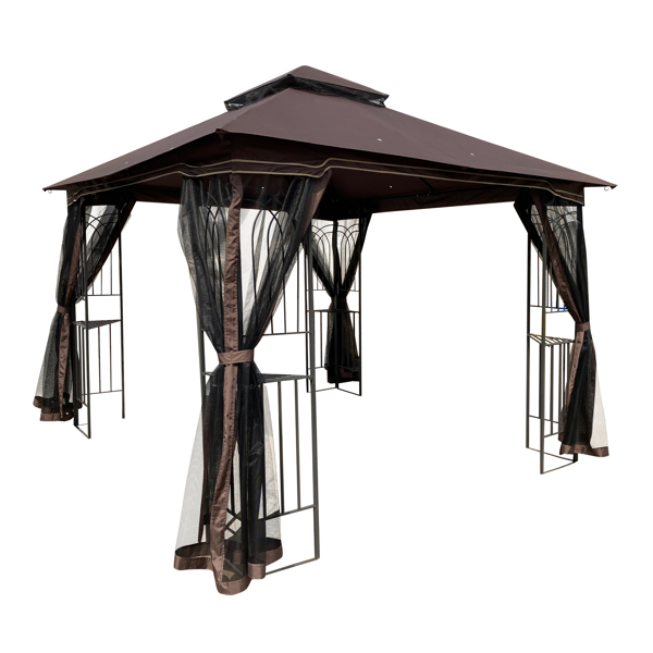 10x10 Outdoor Patio Gazebo Canopy Tent With Ventilated Double Roof And Mosquito net(Detachable Mesh Screen On All Sides),Suitable for Lawn, Garden, Backyard and Deck,Brown Top