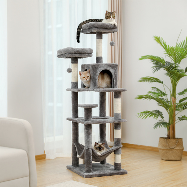 Modern Cat Tree Multi-level Cat Tower Cat Play House with Sisal Scratching Posts, Cozy Condo, Spacious Hammock, Dual Top Perches and Dangling Balls Grey