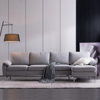 290*137*85cm L-Shaped Fabric With Chaise Iron Feet 4 Seats Indoor Modular Sofa Light Gray
