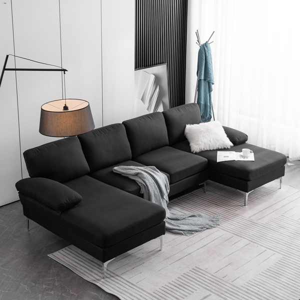 FCH 285*137*85cm U-Shaped Fabric With Two Imperial Concubine Iron Feet 4 Seats Indoor Modular Sofa Black 