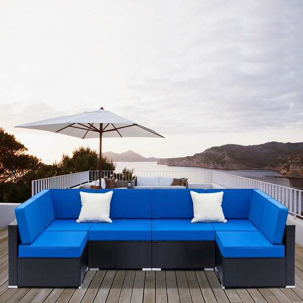 Fully Equipped Weaving Rattan Sofa Set with 2pcs Corner Sofas & 4pcs Single Sofas Black