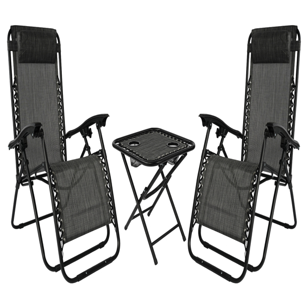 Grey Folding Recliner Zero Gravity Garden Chair Set of 2, Heavy Duty Textoline Sun Lounger with Folding Table and Adjustable Head Pillow -Outdoor Garden Chair for Garden Patio Camping 