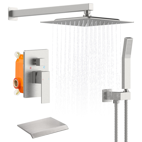 Rain Shower System Brushed Nickel Tub Shower Faucet Set 10 Inch Square Rainfall Shower Head with Handheld Sprayer and Waterfall Tub Spout Pressure Balance Rough-in Valve Shower Mixer Combo[Unable to s