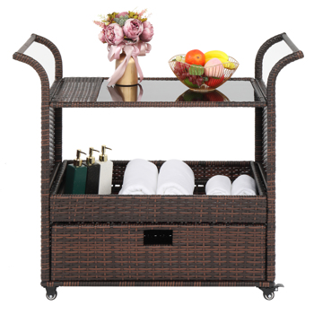 Outdoor Patio Wicker <b style=\\'color:red\\'>Rattan</b> Serving Bar Cart Sideboard On Wheels Brown Gradient