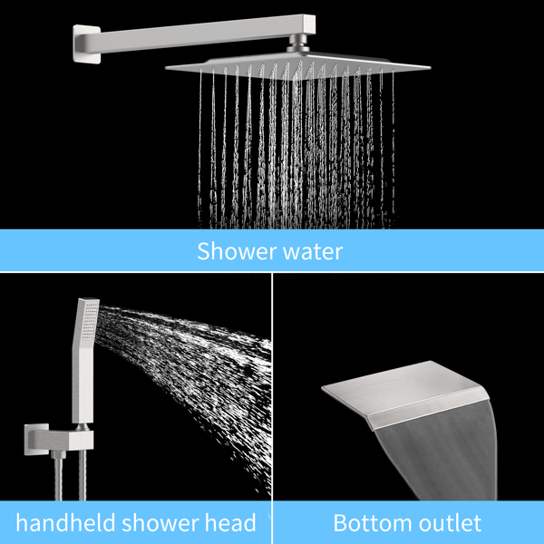 Rain Shower System Brushed Nickel Tub Shower Faucet Set 10 Inch Square Rainfall Shower Head with Handheld Sprayer and Waterfall Tub Spout Pressure Balance Rough-in Valve Shower Mixer Combo[Unable to s