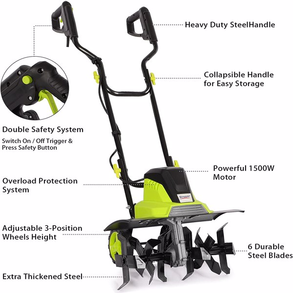 Electric Tiller, 1500W Garden Soil Cultivator Rotavator with 6 Steel Blades, 45cm Cutting Width, Foldable Handle, 22cm Tilling Depth, 10m Power Cable