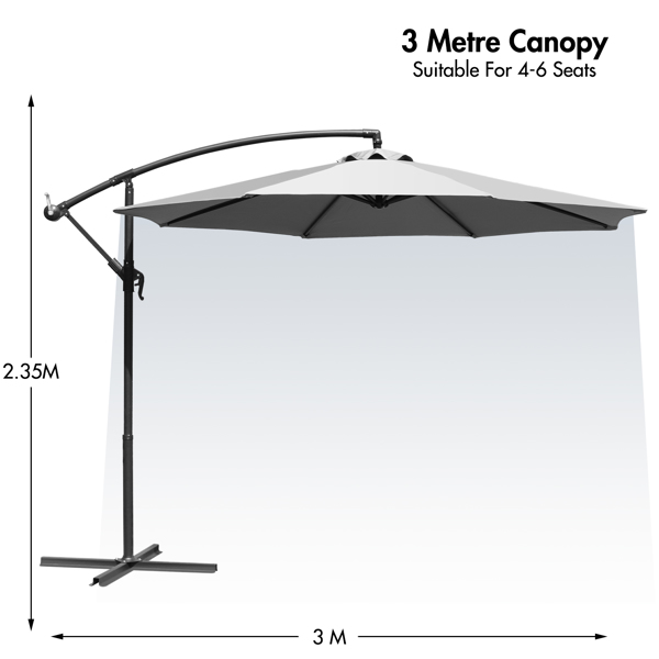 Grey 3M Cantilever Garden Parasol, UV50+ Protection Banana Patio Umbrella with Crank Handle & Tilt Function, for Outdoor Patio Garden Pool Sun Shade