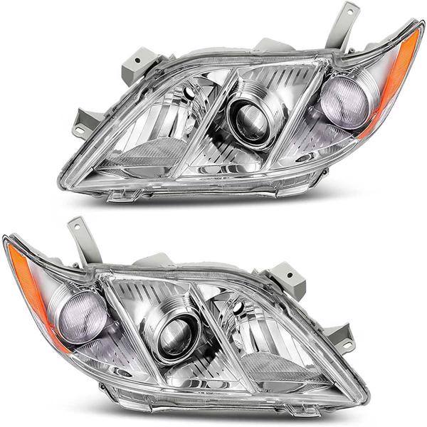 LEAVAN Headlight Assembly for 2007-2009 Toyota Camry, Amber Reflector Clear Lens Chrome Housing Projector Headlamps