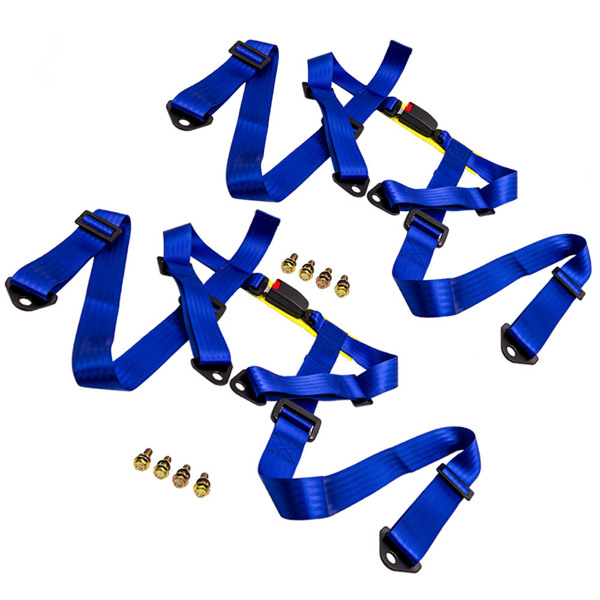 2 Pcs Universal 4 Point Buckle Racing Seat Belt Set 2" Safety Harness Strap Blue