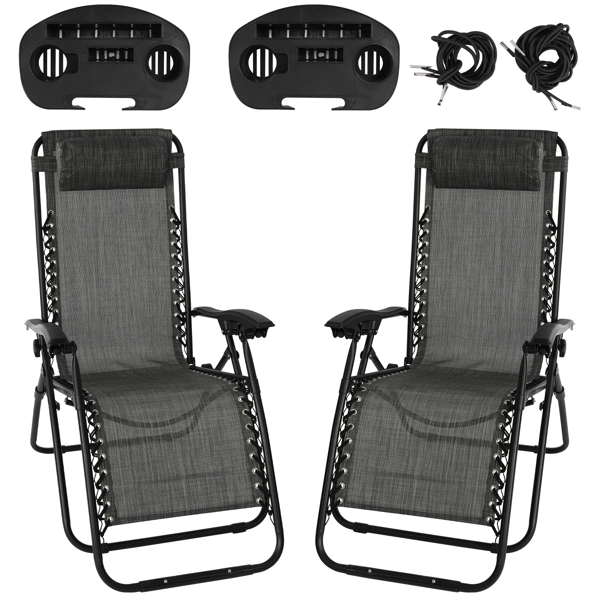 Grey Sunloungers Recliner Set of 2, Zero Gravity Reclining Sun Lounger, Reclining Patio Garden Chairs Foldable Loungers With Cup Phone Holder Head Pillow, Perfect for Outdoor Patio Deck Poolside