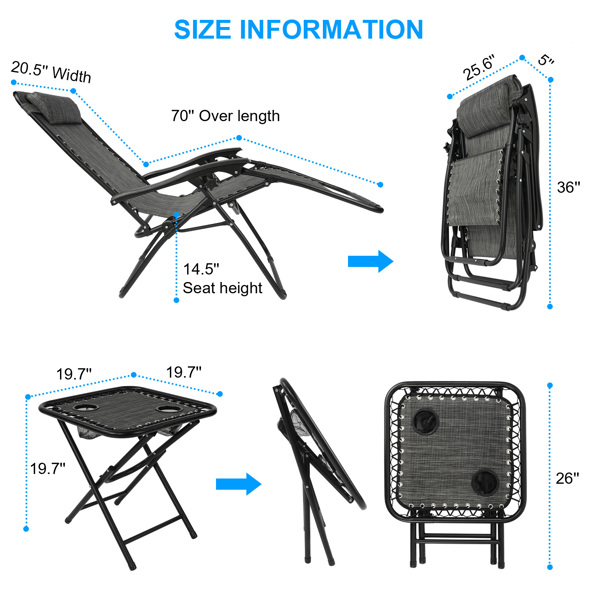 Grey Folding Recliner Zero Gravity Garden Chair Set of 2, Heavy Duty Textoline Sun Lounger with Folding Table and Adjustable Head Pillow -Outdoor Garden Chair for Garden Patio Camping 