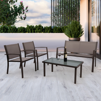 Brown Garden Furniture Set, 4 Piece Patio Furniture Glass Coffee Table 2 Textilene Armchairs 1 Double Seat Sofa Conversation Set, for Patio Outdoor Poolside