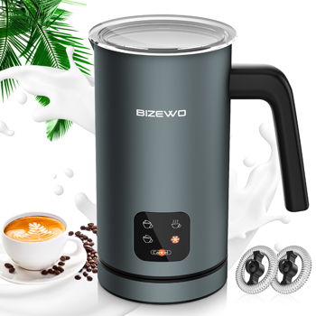 Frother for Coffee, Milk Frother, 4 IN 1 Automatic Hot and Cold Foam Maker, BIZEWO Stainless Steel Milk Steamer for Latte, Cappuccinos, Macchiato, Hot Chocolate Milk with LED Touch Screen Pan