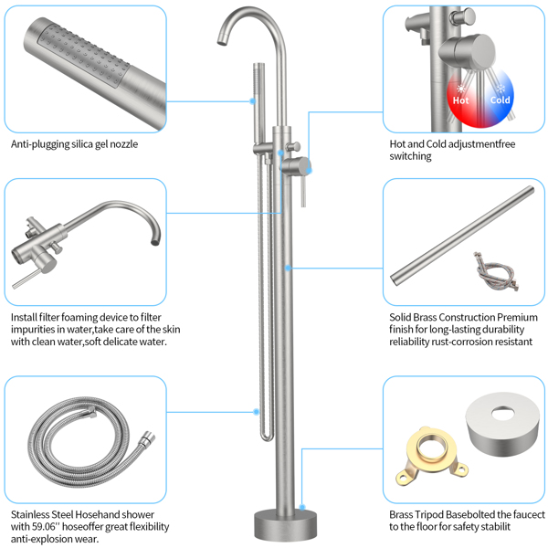 Freestanding Bathtub Faucet Tub Floor Mount Bathroom Faucets Brass Single Handle with Hand Shower High Flow Rate Max 6 GPM [Unable to ship on weekends, please place orders with caution]