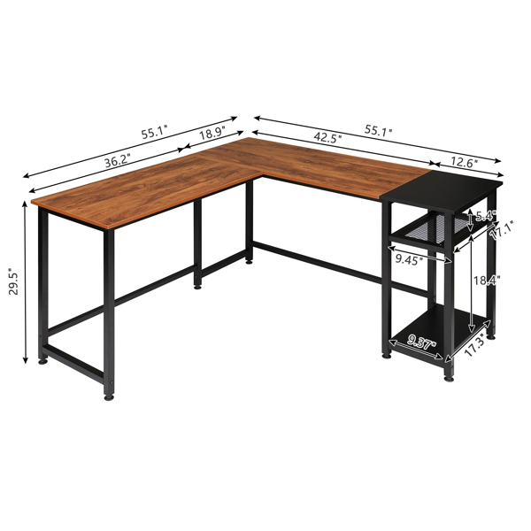 Particleboard Paste Triamine L-Shaped Right Angle 140cm Splicing Computer Desk Retro Color & Black