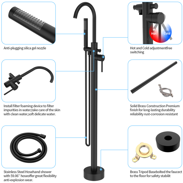 Freestanding Bathtub Faucet Tub Floor Mount Bathroom Faucets Brass Single Handle with Hand Shower High Flow Rate Max 6 GPM (Matte Black)[Unable to ship on weekends, please place orders with caution]