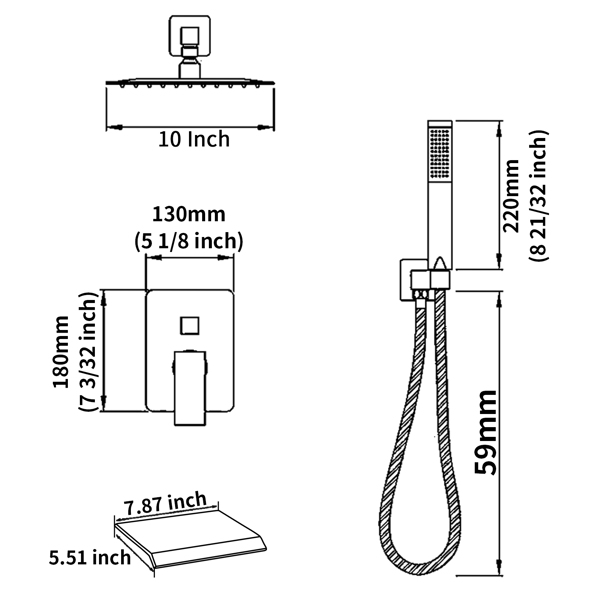 Rain Shower System Matte Black Tub Shower Faucet Set 10 Inch Square Rainfall Shower Head with Handheld Sprayer and Waterfall Tub Spout Pressure Balance Rough-in Valve Shower Mixer Combo[Unable to ship