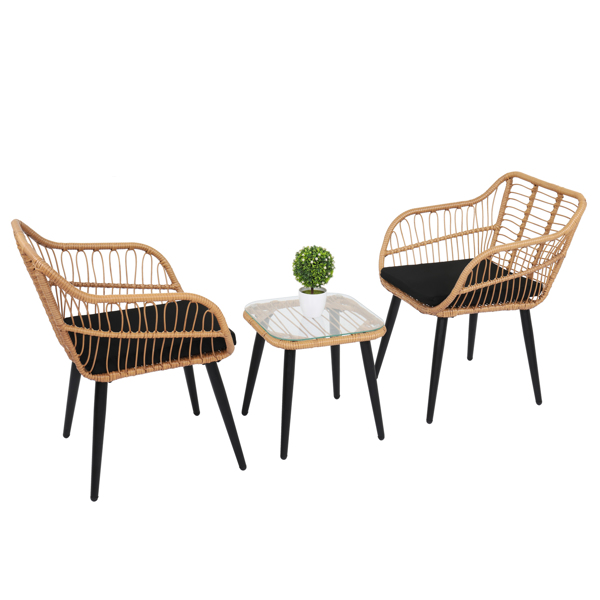 3 Piece Patio Wicker Chair Set with Glass Top Table and Soft Cushion, Outdoor Backyard Porch Furniture