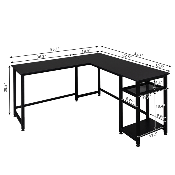 Particleboard Paste Triamine L-Shaped Right Angle 140cm Splicing Computer Desk Black