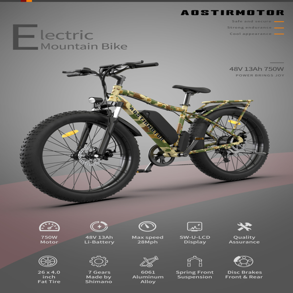 AOSTIRMOTOR 26" 750W Electric Bike Fat Tire P7 48V 13AH Removable Lithium Battery for Adults with Detachable Rear Rack Fender S07-E New Model