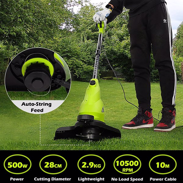 500W 28cm String Grass Trimmer, Stream Electric Strimmer, 10m Power Cable, 2.9kg Lightweight, Telescopic Pole, Garden Grass Trimmer and Edger for Cutting Lawn, Weed and Yard