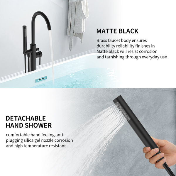 Freestanding Bathtub Faucet Tub Floor Mount Bathroom Faucets Brass Single Handle with Hand Shower High Flow Rate Max 6 GPM (Matte Black)[Unable to ship on weekends, please place orders with caution]