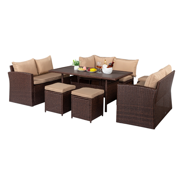 Eight-Piece Set Outdoor Rattan Dining Table And Chair Brown Wood Grain Rattan Khaki Cushion Plastic Wood Surface (4 Boxes In Total) 