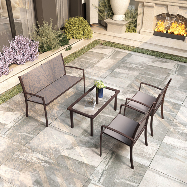 Brown Garden Furniture Set, 4 Piece Patio Furniture Glass Coffee Table 2 Textilene Armchairs 1 Double Seat Sofa Conversation Set, for Patio Outdoor Poolside
