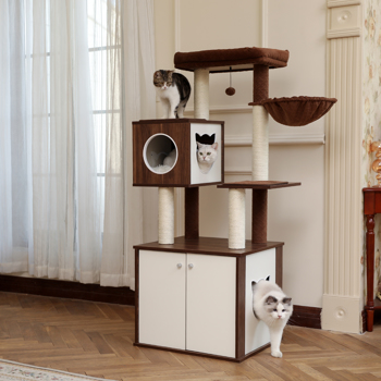 All-in-One Multi-Functional Cat Tree Modern Wood Cat Tower with Cat Washroom Litter Box House, Cat Condo, Top Perch, Large Hammock and Scratching Post Brown (Minimum Retail Price for US: USD 189.99)