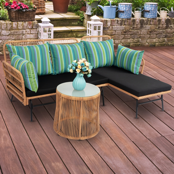 Outdoor 3 Piece Sectional Set Patio Furniture, Rope Woven L-Shaped Conversation Sofa Set for Backyard, Porch w/Thick Cushions, Detachable Lounger, Side Table 